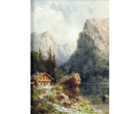19th Century Continental School - Oil painting - Alpine view with mountains and Swiss chalet, mahogany panel 5.5ins x 4ins, i