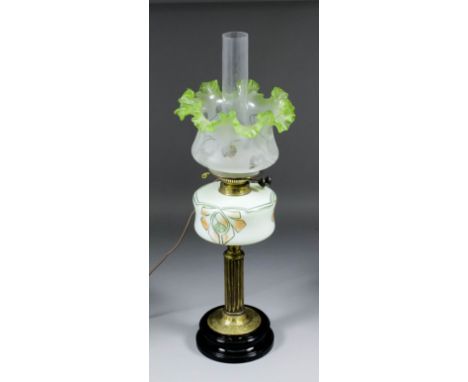 A Victorian brass table oil lamp with opaque glass reservoir, shade and chimney for same, 26.25ins overall (now converted to 