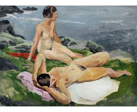 *** Stephen Bone (1904-1958) - Oil painting - Two female nudes relaxing on a cliff top, panel 10.5ins x 14ins, unsigned, in p