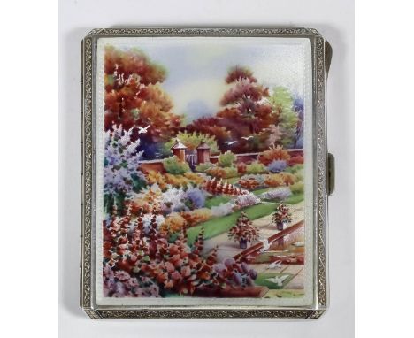An early 20th Century Continental silver and enamel rectangular cigarette case, the front enamelled with a formal garden scen