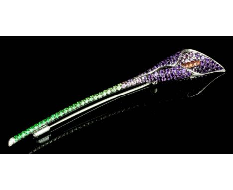 A modern Asprey 18ct white gold amethyst, orange sapphire, violet sapphire and Tsvorites set arum lily pattern brooch, 92mm x