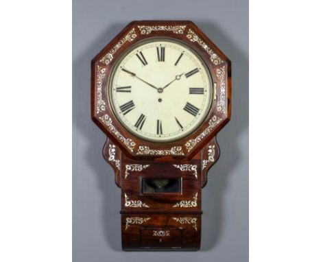 An early Victorian rosewood cased drop dial wall clock, the 12ins diameter painted metal dial with Roman numerals to the eigh