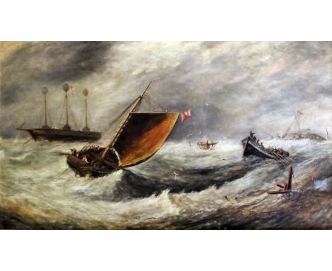 Studio of Edward William Cooke (1811-1880) - Oil painting - Marine scene - "Morning after a heavy Gale 1857" - The crew of a 