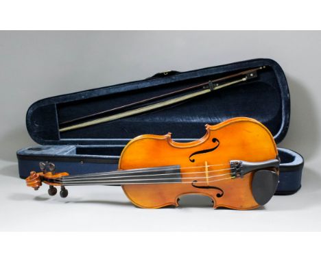 A French full size violin with two piece back (back measuring excluding button 14ins - 23.5ins overall), with label for "Anto