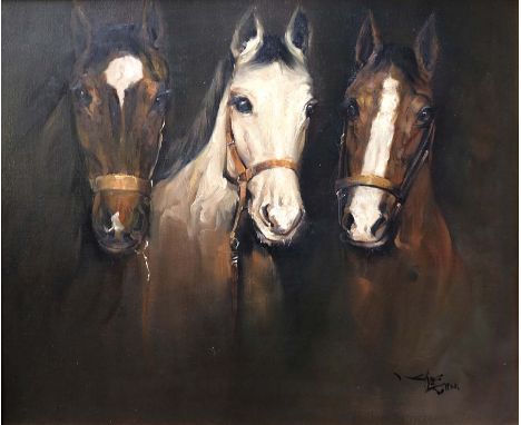 PFERDEPORTRAITIST, 20.Jh., Öl/ Leinwand, Portrait dreier Pferdeköpfe, rechts unten signiert und datiert 1982, 51 x 62 cm, HR