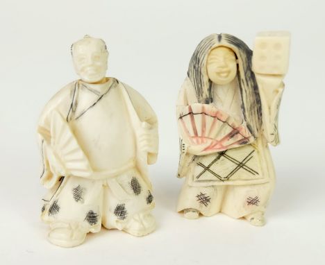 NETSUKE, Konvolut von 2, Japan, "Bein", geschnitzt, schwarz bzw farblich akzentuiert, Kurbel- bzw Wackelkopf, Stehender Mann 
