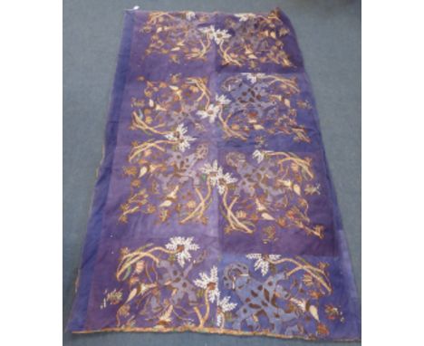 AN ORIENTAL JOINTED BAMBOO STOOL the sections with pared-down nodules 53cm wide, and a vintage Oriental patchwork quilt (some