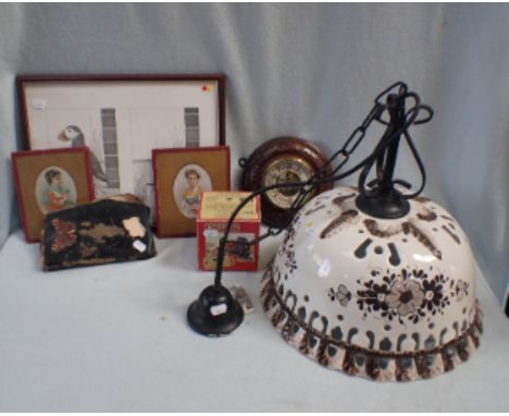 A SIGNED SIMON DREW PRINT 'Puffin-Nuffin', an aneroid barometer, and sundries