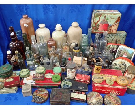 A COLLECTION OF VINTAGE BOTTLES AND TINS including 'Zebra' grate polish