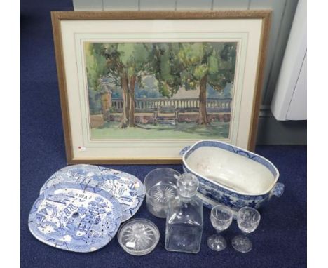 TWO WILLOW PATTERN CERAMIC DRAINERS (one repaired), a tureen, and a small quantity of glassware and a scenic watercolour