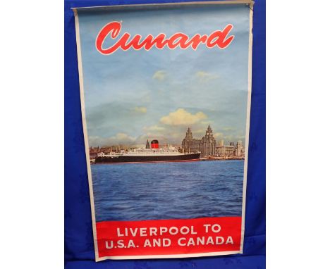 TWO VINTAGE CUNARD OCEAN LINER POSTERS; 'LIVERPOOL TO U.S.A. AND CANADA' with a view of the Liver Building, and another, a ni