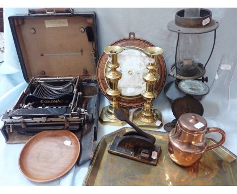 AN ANEROID BAROMETER, BRASS CANDLESTICKS a Corona portable typewriter (damaged) and other items