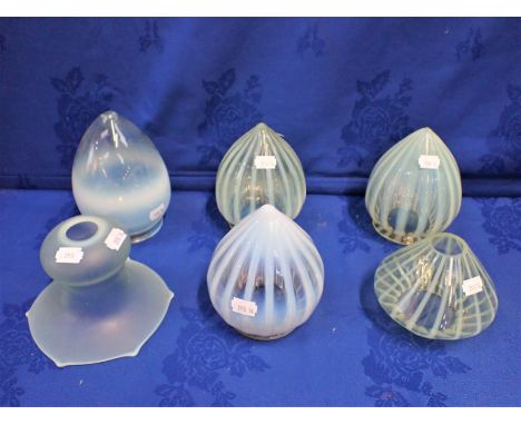 A PAIR OF EDWARDIAN STRIPED VASELINE GLASS ELECTRIC LIGHT SHADES and others similar