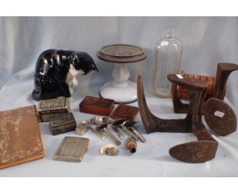 A 'JUST CATS CO.' CERAMIC CAT, TWO IRON SHOE LASTS a Hants &amp; Dorset water bottle and sundries