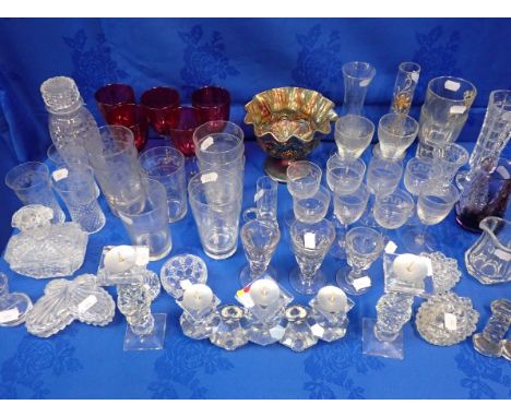 SWAROVSKI: A THREE BRANCH CANDLESTICK a similar pair of candlesticks, and a collection of glassware