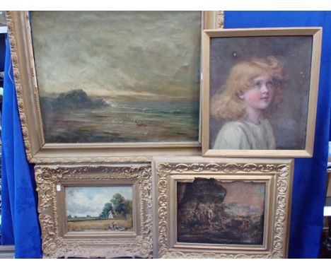 J R STURGEON: SEASCAPE, OIL ON CANVAS 1903, (in poor condition) and three other oil paintings, one a portrait of a girl (4)