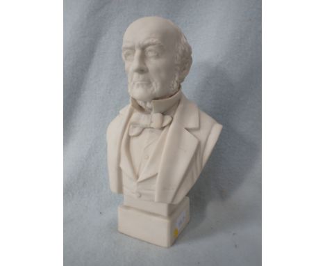 A PARIAN BUST OF GLADSTONE BY ROBINSON &amp; LEADBEATER R &amp; L stamp, on a plain square socle 19.5cm high (small fracture 