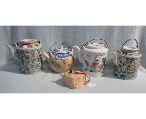 FIVE CHINESE TEAPOTS one smaller, unglazed biscuit, in the form of a tree stump with axe (5)