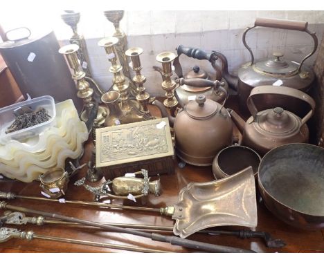 TWO PAIRS OF VICTORIAN BRASS CANDLESTICKS copper kettles, fire tools, a 1930s light fitting (incomplete) and other metalware