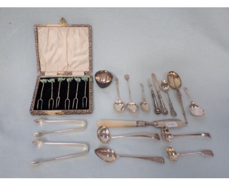 A CHINESE WHITE METAL WINE CUP a cased cocktail fork set and silver items