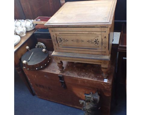 A 19TH CENTURY PAINTED ASH STEP COMMODE, WITH ORIGINAL DECORATION with pot present, 45cm high, together with a travelling tru
