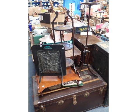 A MAHOGANY TORCHERE a bed tray, a folding cake stand (def.), a fire screen and two chairs