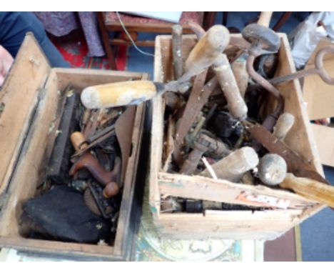 A VICTORIAN PINE TOOLBOX of small proportions (lid detached) and a quantity of vintage tools