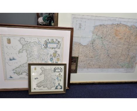 A FRAMED 1930S ORDNANCE SURVEY ROAD MAP, NORTH DEVON and two reproduction maps