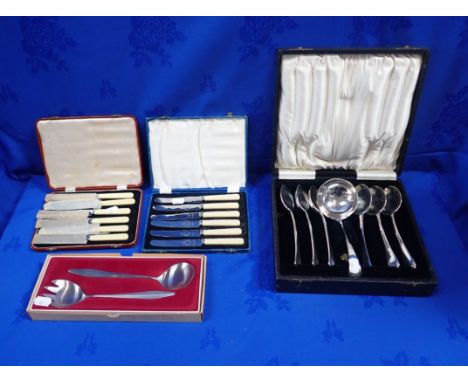 A CASED SET OF SILVER-PLATED SOUP SPOONS AND LADLE a pair of modern Norwegian salad servers, and other items