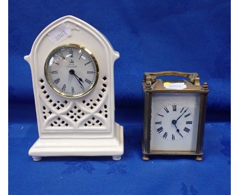 A CARRIAGE CLOCK AND A CERAMIC CASED MANTEL CLOCK 