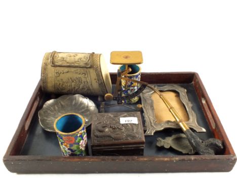 A pair of Kayser Zinn pewter floral and bee decorated trays, postal scales and other items