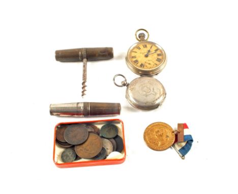 A mixed lot of two pocket watches, brooch, coins, corkscrew etc