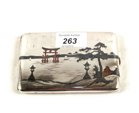 A Sterling Silver 950 cigarette case with Japanese/Chinese scene in niello decoration