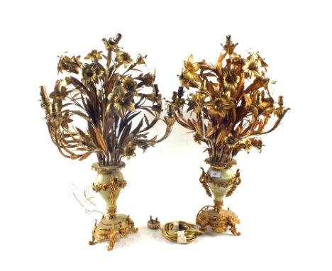 A large pair of Ormolu and Onyx table lamps with multiple light fittings and floral decoration, height 27"
