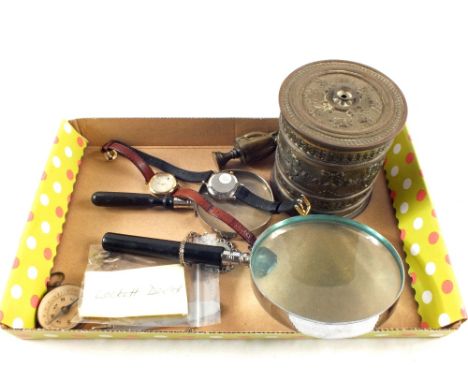 A Brass Imp pipe tamper, string box and other items