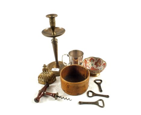 A vintage pint corn measure, corkscrew etc