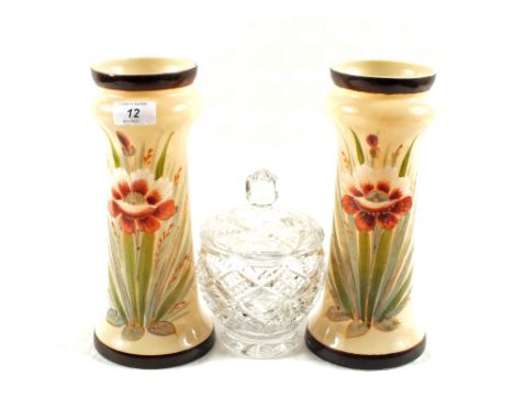 A pair of Victorian opal glass vases and a cut glass sucrier