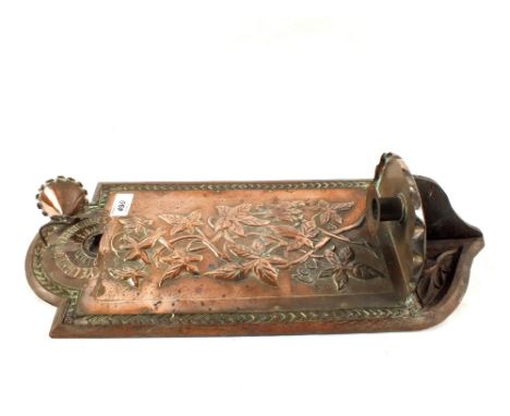 An Arts and Crafts Copper and Oak wall candle holder with inscription ye Light of Other Daies, length 20"