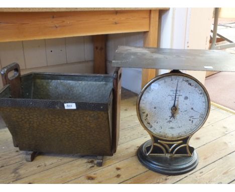 An Oak and Brass log bin and Salter scales