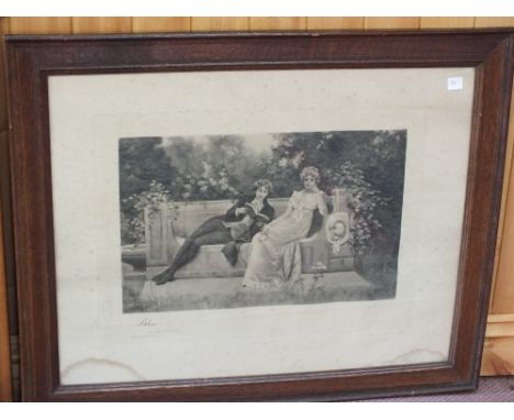 A maple framed religious print, an Edwardian print of a courting couple, a tea tray plus Brass and Copper trays