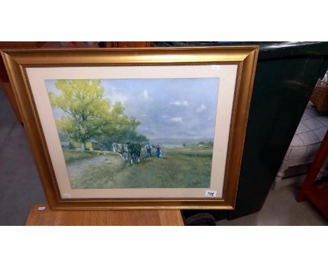 A gilt framed print of heavy horses ploughing titled 'The Noon Visit' 69cm x 57cm COLLECT ONLY