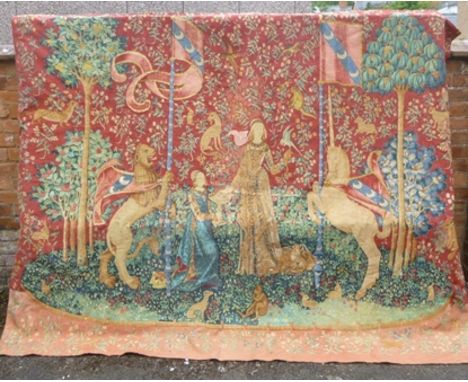 HINES OF OXFORD (Ancient Tapestry Reproductions) A LARGE WALL HANGING TAPESTRY STYLE PANEL, titled "La Dame a la Licorne - Le