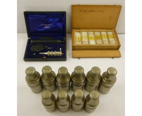 A COLLECTION OF SCIENTIFIC ITEMS to include ten plated screw fit canisters containing surgical spirit, iodine needles, Sol Pi