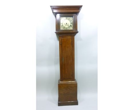 J** BENTLEY STOCKTON A PRINCIPALLY 19TH CENTURY OAK EIGHT DAY LONGCASE CLOCK having hood with moulded pediment and flank pila