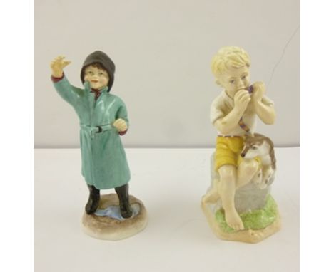 TWO ROYAL WORCESTER BONE CHINA FIGURES; "June", a boy with a dog, and another, a boy in a rain coat, arm outstretched 