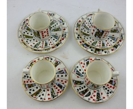 A QUEEN'S BONE CHINA PART TEASET "Cut for Coffee" decorated with a fan of playing cards, comprising; four cups and saucers an