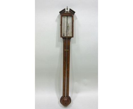 B. LAPELONI A GEORGE III MAHOGANY CASED STICK BAROMETER, having broken arch pediment with brass urn finial, rectangular silve