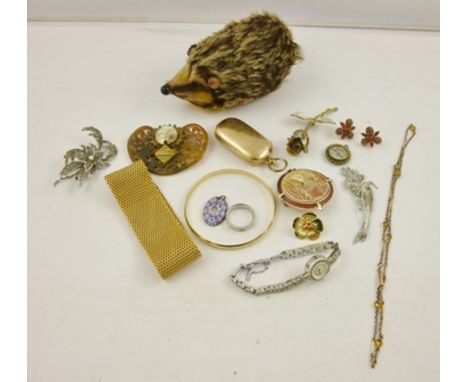 A SELECTION OF COSTUME JEWELLERY including a Rotary marcasite wrist watch, a marcasite brooch, a ring, sovereign case, etc an