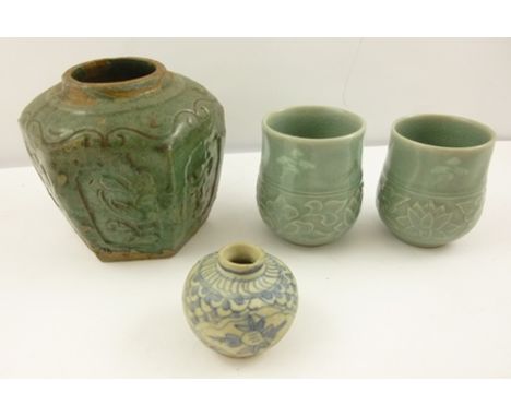 A PAIR OF 20TH CENTURY CHINESE CELADON EARTHENWARE TUMBLER CUPS and a hexagonal JAR, 4cm high 