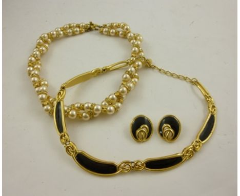TRIFARI A DOUBLE ROPE PASTE PEARL NECKLACE, and enamel (black) NECKLACE and EARRINGS 
